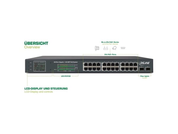 InLine 32324P, Gigabit Ethernet (10/100/1000), Full tosidig, Strøm over Ethernet (PoE), Rack-montering, 1U
