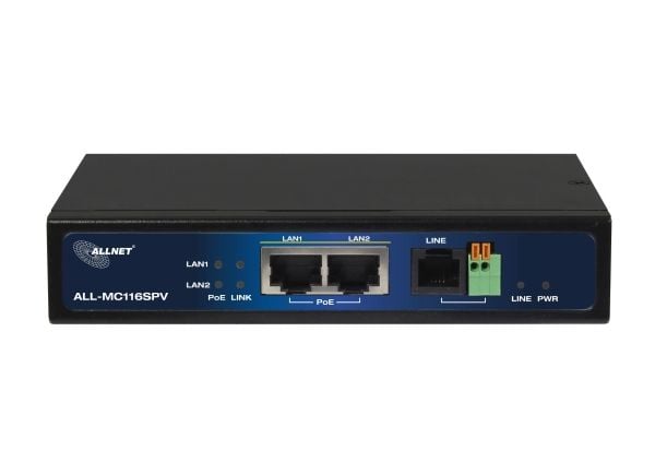 ALLNET ALL-MC116SPV-VDSL2, 10BASE-T, 100BASE-T, DMT, IEEE 802.3ab, IEEE 802.3u, IEEE 802.3z, Sort, ADSL (RJ-11), Ethernet (RJ-45), Metall