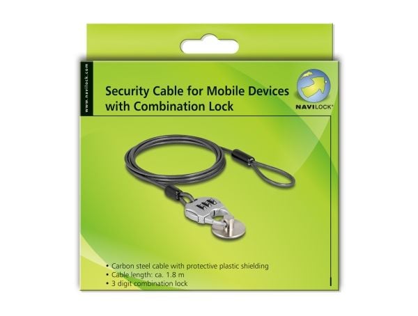 Navilock - Sikkerhetskabellås - with combination lock and steel plate with adhesive pad - svart - 1.8 m