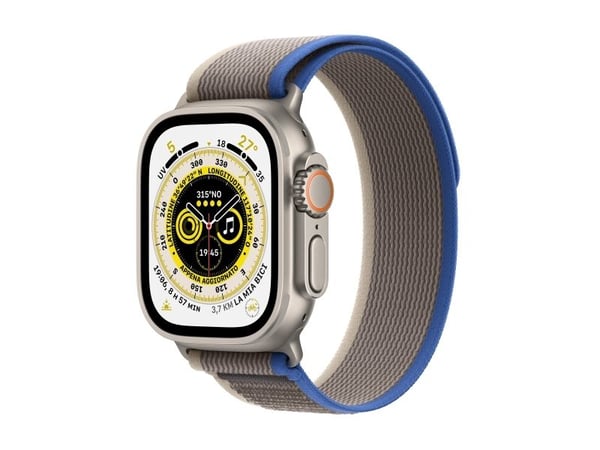 Apple Watch Ultra - 49 mm - titan - smartklokke med Trail Loop - myk dobbeltlagsnylon - blå/grå - båndbredde: S/M - 32 GB - Wi-Fi, LTE, UWB, Blueto...