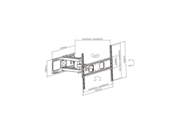 Techly ICA-PLB 344LTY, 200 x 200 mm, 600 x 400 mm, -15 - 5°, -60 - 60°, Stål, Svart