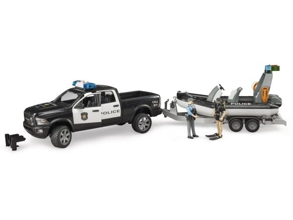 Bruder Dodge Ram 2500 Police pickup truck, trailer, boat, 2 figures with Light and Sound toy