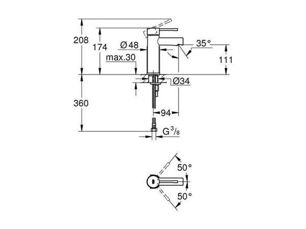 GROHE 34294001, Baderomsvask, Kran-håndtak, 1/2", Kromfarget