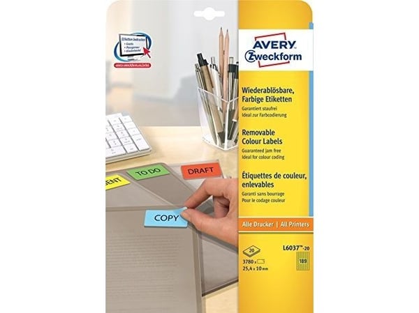 Avery L6037 - Gul - 10 x 25.4 mm 3780 stk (20 ark x 189) merkelapper