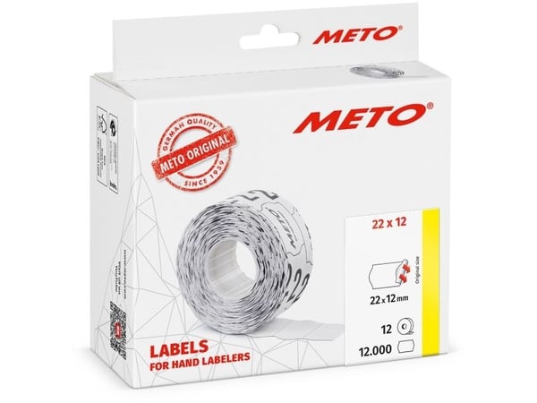 Prisetiket, Meto, Permanent 22x12mm hvid, pakke a 12 stk