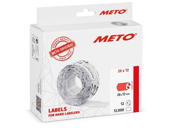 Prisetiket, Meto, Permanent 26x12mm neon rød, pakke a 12 stk