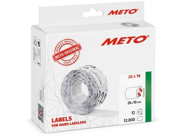 Prisetiket, Meto, Permanent 26x16mm hvid, pakke a 12 stk