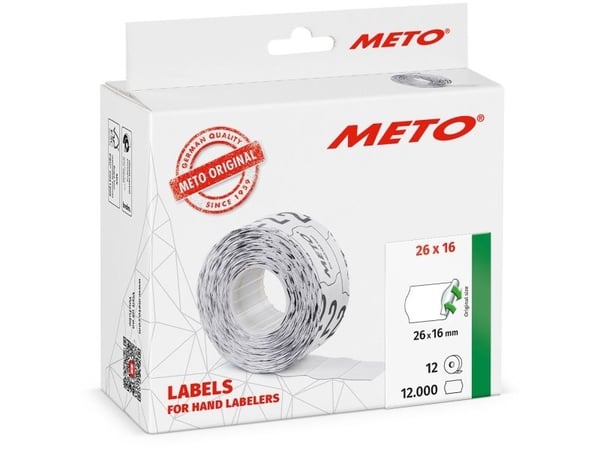 Prisetiket, Meto, Non.Perm. 26x16mm hvid, pakke a 12 stk