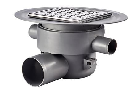 PURUS Multiflex Ø75 mm vandret udløb m/flange til smørremembran, 3 sideindløb 1XØ32mm 2XØ40mm, Rist/ramme til klinkegulv - med vandlås