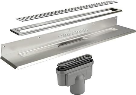 Unidrain 1004 liitin takalaipalla 800 mm, ClassicLine-ritilä Pylväs, runko H10 ja poistokotelo Ø 75 mm pystysuorassa, sis. vesilukon ja puisen vesi...