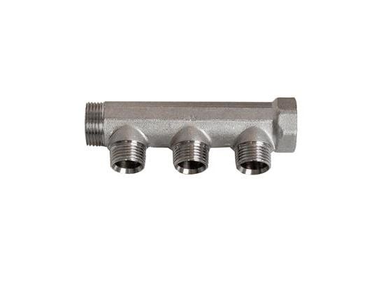 TEA belagt messingfordelerrør ¾" med fast muffe & 3 afgreninger til 15mm PEX. ½" afgreninger monteret m omløber. C/C 35