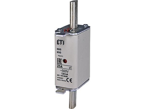 Säkring NH0 25A gG 500V AC, brytförmåga 120kA, Standard IEC 60269-1, IEC 60269-2, med statusindikator (3 st)