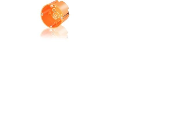 Eturasia 1 moduuli Ø68 mm, syvyys 61 mm, kiinnitysruuveilla. Leikkaukset kaapeleiden ja putkien läpivientiä varten. Oranssi eurokotelo. PVC-vapaa
