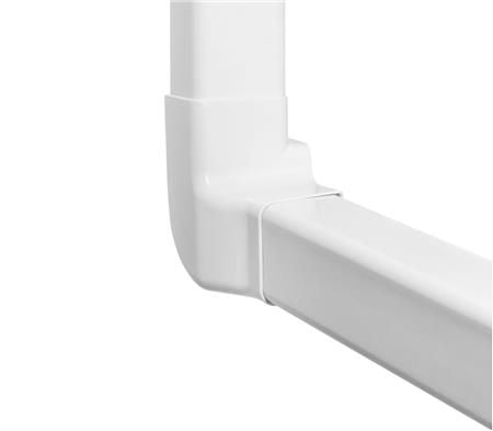 Kanal tilslutning hjørne ved drejning 90 grader mod højre. Farve i hvid. For udendørs brug, UV-modstandsdygtig plast.