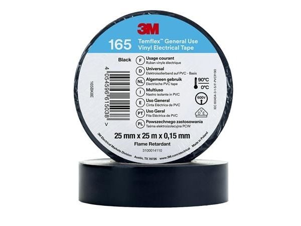 3M Temflex el vinyltape 165, Sort, 25 mm x 25 m, 1 rl/pk