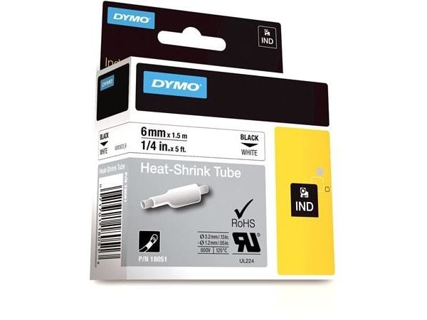 DYMO Shrinkflex valkoinen 6 mm, kutistesuhde 3:1, pituus 1,5 metriä, kaapelin halkaisija min. 1,18 mm max. 2,33 mm