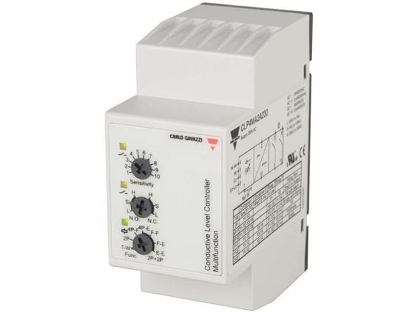 CARLO GAVAZZI Ind- og udpumpningsrelæ justerbar følsomhed med alarmudgangspolespænding 230V AC, 2 polet skiftekontaktsæt til 11 polet sokkel