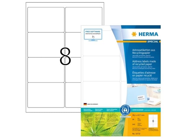 HERMA 10732, Hvit, Selvklebende skriveretikett, Utstanset etikett, A4, Papir, Laser/Blekkskriver
