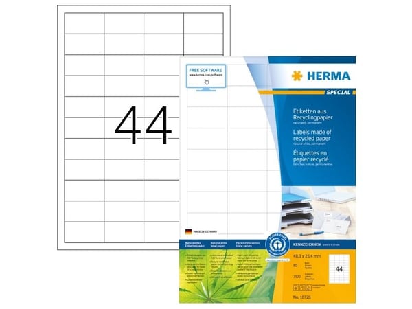 HERMA 10726, Vit, Självhäftande skrivaretikett, Stansad etikett, A4, papper, Laser/bläckstråleskrivare