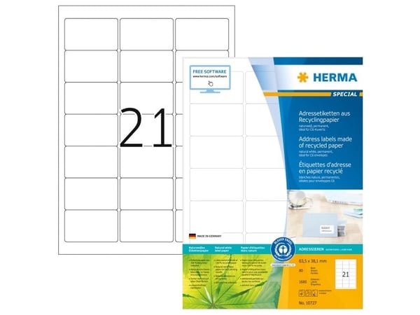HERMA 10727, Valkoinen, Itse kiinnittyvä tulostintarra, Stanssausmerkintä, A4, Paperi, Laser/Inkjet