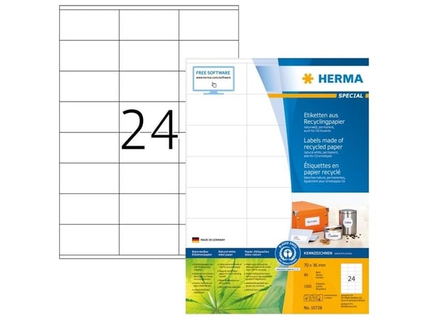 HERMA 10728, Hvit, Selvklebende skriveretikett, Utstanset etikett, A4, Papir, Laser/Blekkskriver