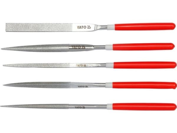 Yato YT-6156, Sats med filer, Klämmapp, Halvrund fil, Rund fil, Fyrkant, Trekantsfil, Metall, Kolstål, Plast, Röd
