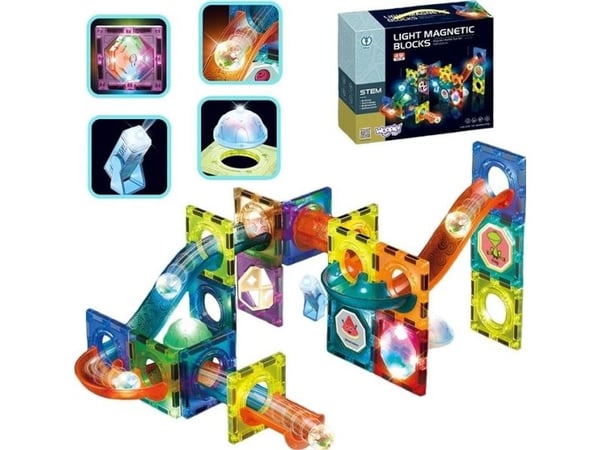 WOOPIE magnetiske byggeklosser kulebane med lys 49 deler
