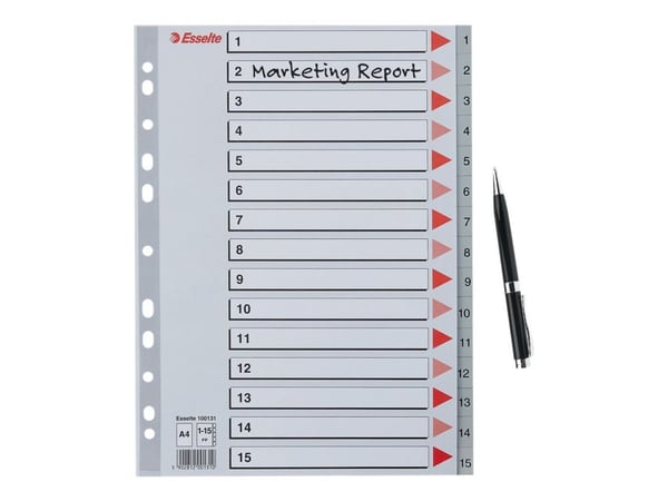 Esselte - Inndeler - fortrykt: 1-15 - for A4 (210 x 297 mm) - med fliker - grå