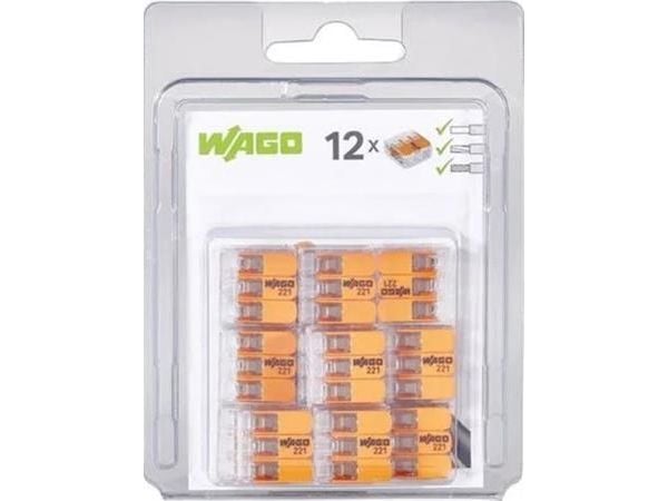 WAGO jousiliitin 3x0,14-4 mm². Läpinäkyvää muovia, oranssilla kielekkeellä, ruuviton, halogeeniton. ULKOPAKKAUS 12 kpl.