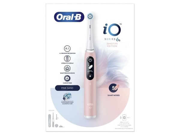 Oral-B iO 6S, Voksen, Vibrerende tannbørste, Daglig stell, Grundig rens, Gum omsorg, Sensitiv / Myk, Whitening, Rosa, Hvit, 2 min, Rosa, Hvit