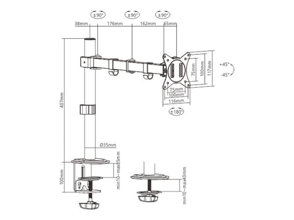 Gembird MA-D1-01 - Monteringssett - justerbar arm - for flatpanel - rotate, tilt, swivel, up to 9 kg - stål, plastikk - finteksturert svart - skjer...