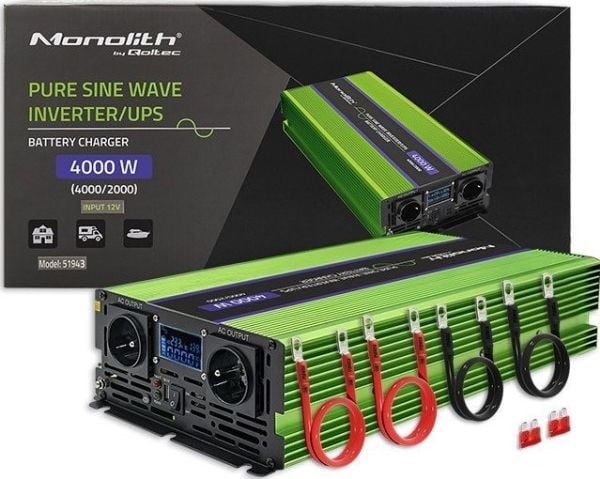Qoltec Monolith - DC til AC strømomformer / batterilader / UPS - pure sine wave, LCD - AC 230 V / DC 12 V - 2000 watt - utgangskontakter: 4