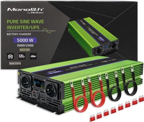 Qoltec Monolith - DC til AC strømomformer / batterilader / UPS - pure sine wave, LCD - AC 230 V / DC 12 V - 2500 watt - utgangskontakter: 4