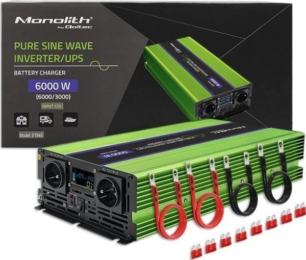 Qoltec Monolith - DC til AC strømomformer / batterilader / UPS - pure sine wave, LCD - AC 230 V / DC 12 V - 3000 watt - utgangskontakter: 4