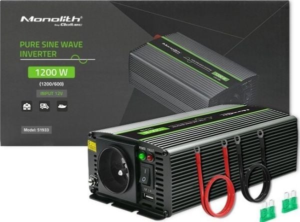 Qoltec Monolith spenningsomformer | 600W | 1200W | 12V til 230V | Ren sinus