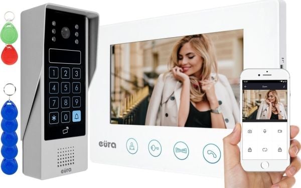 Eura videodørtelefon EURA VDP-90A3 DELTA+ hvit 7", full HD, WiFi, 2 innganger, kodeskriver, nærhetssensor RFID, AHD, Tuya