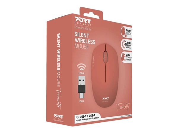 PORT Connect Collection - Mus - høyre- og venstrehåndet - optisk - 3 knapper - trådløs - 2.4 GHz - USB / USB-C trådløs mottaker - terrakotta