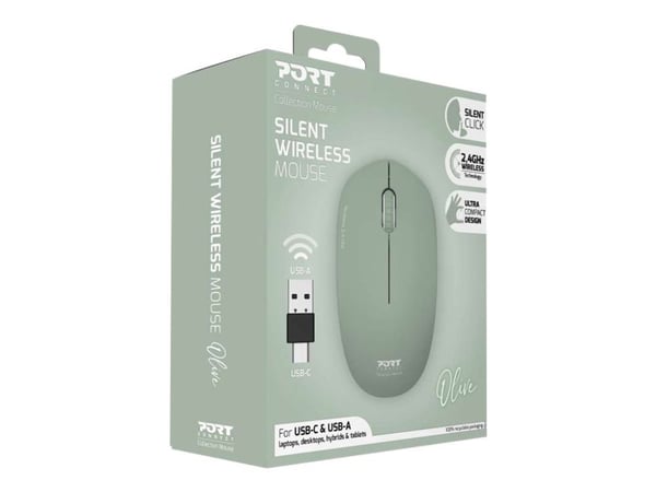 PORT Connect Collection - Mus - høyre- og venstrehåndet - optisk - 3 knapper - trådløs - 2.4 GHz - USB / USB-C trådløs mottaker - oliven