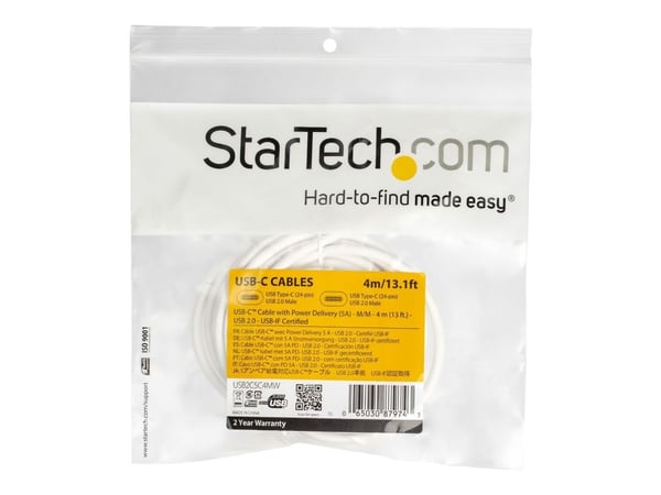 StarTech USB C to USB C Cable - 13 ft / 4m - 5A PD - M/M - White - USB 2.0 - USB-IF Certified - USB Type C Cable - USB C Charging Cable (USB2C5C4MW...