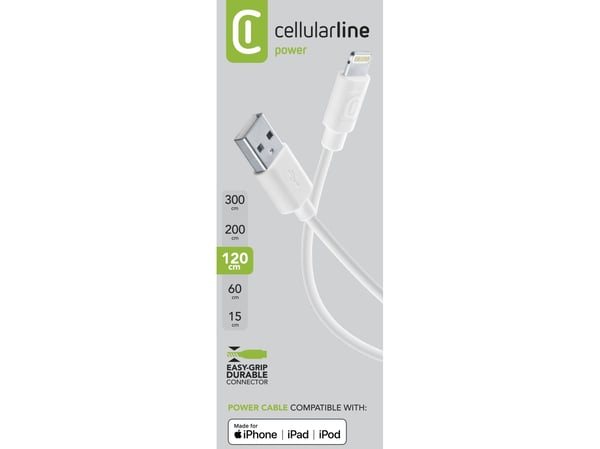 Cellularline 8018080175466, 1,2 m, Lightning, USB A, Hvit, 45 g, 1200 mm