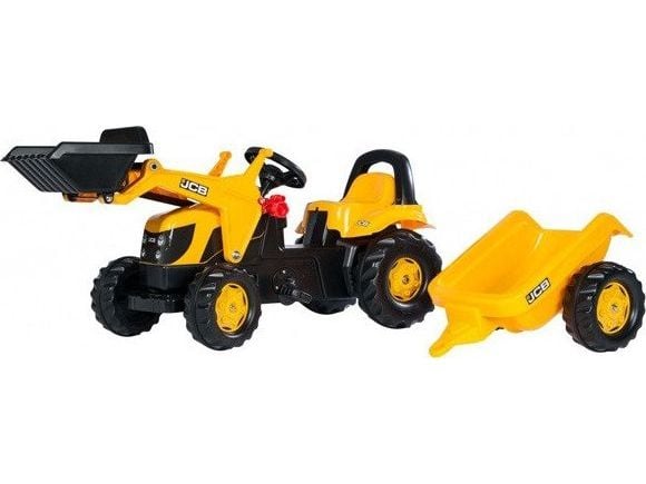 Rolly Toys JCB polkutraktori, jossa on perävaunu ja kuormaaja