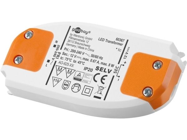 Goobay 60367, Elektronisk lystransformator, Oransje, Hvit, IP20, -20 - 45 °C, CE, RoHS Directive 2011/65/EU [OJEU L174/88-110, 01.07.2011, 8 W
