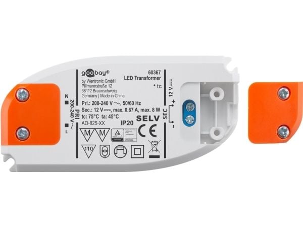 Goobay 60367, Elektronisk lystransformator, Oransje, Hvit, IP20, -20 - 45 °C, CE, RoHS Directive 2011/65/EU [OJEU L174/88-110, 01.07.2011, 8 W