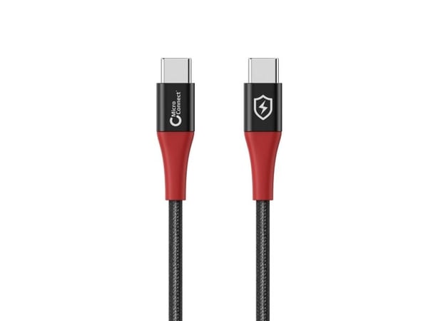 MicroConnect - USB-kabel - 24 pin USB-C (hann) til 24 pin USB-C (hann) - 20 V - 3 A - 1.5 m - Safe Charge, Data Blocker - svart, rød