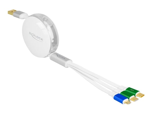 Delock USB 3 i 1 upprullningsbar laddkabel Typ-A till Micro USB / 2 x USB Type-C med snabbladdningsfunktion vit