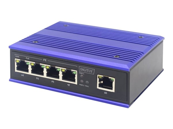DIGITUS Industrial - Switch - ohanterad - 4 x 10/100 (PoE+) + 1 x 10/100 (upplänk) - skrivbordsmodell, DIN-skenmonterbar - PoE+