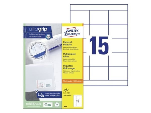 Avery Zweckform Universal Labels, White 70x50.8mm 100 sheets (3669)