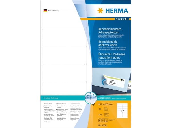 HERMA Special - Papir - matt - flyttbart selv-adhesiv - hvit - 99.1 x 42.3 mm 1200 etikett(er) (100 ark x 12 adresselapper