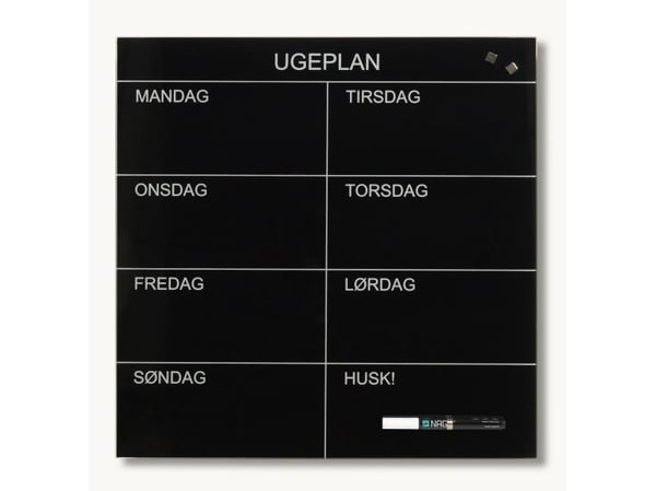 Magnetisk NAGA ugetavle i glas 45x45 cm sort - dansk tekst