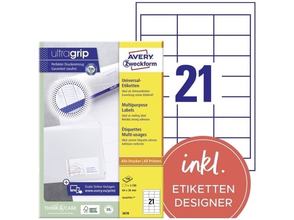 Avery Zweckform 3670 - Hvit - 36 x 64 mm 2100 etikett(er) (100 ark x 21) etiketter